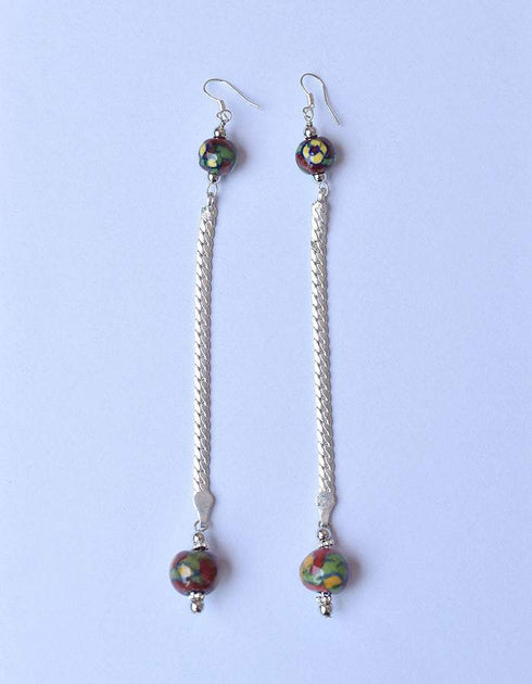 Blue Pottery beads With Metal Chain Earring in Red Base With Yellow Flower